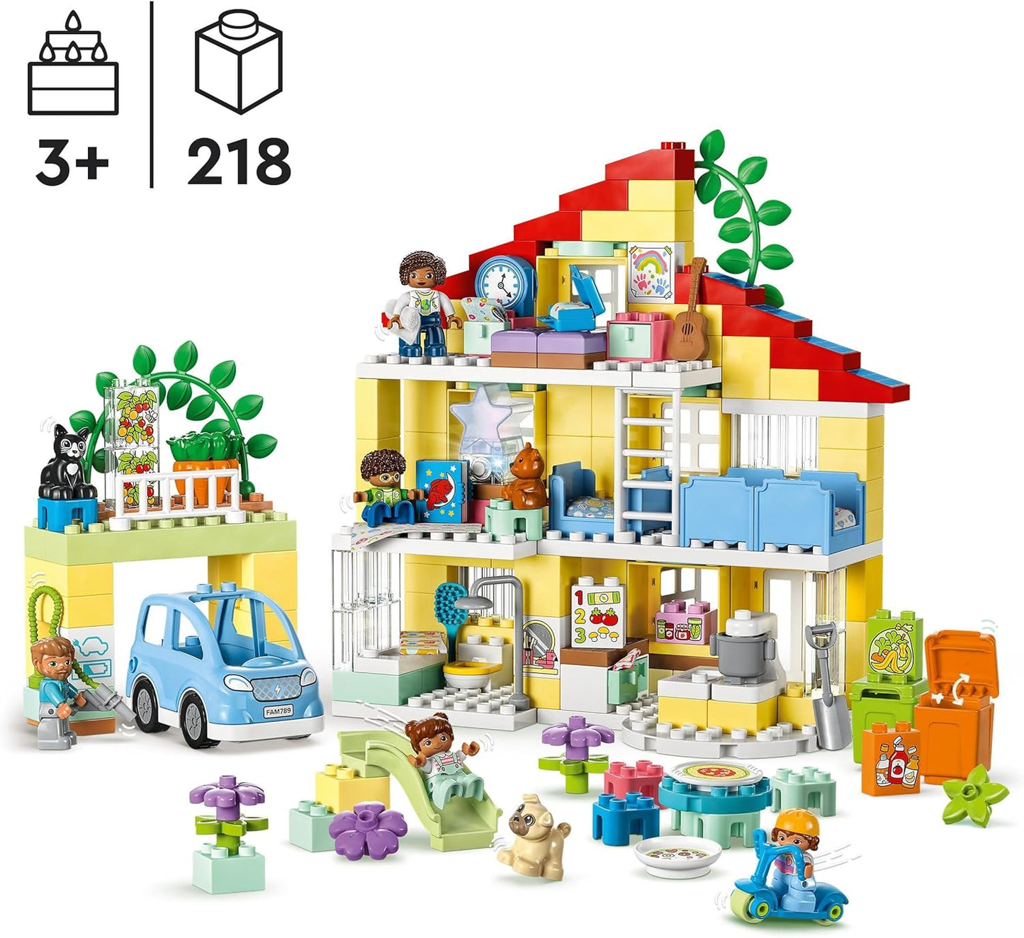 LEGO 10994 DUPLO Town 3in1 Family House Building Set with Dollhouse, Includes Toy Animals, Toy Car and Minifigures, Construction Kit for Toddler with Luminous Light Block, Gift Idea, from 3 Years