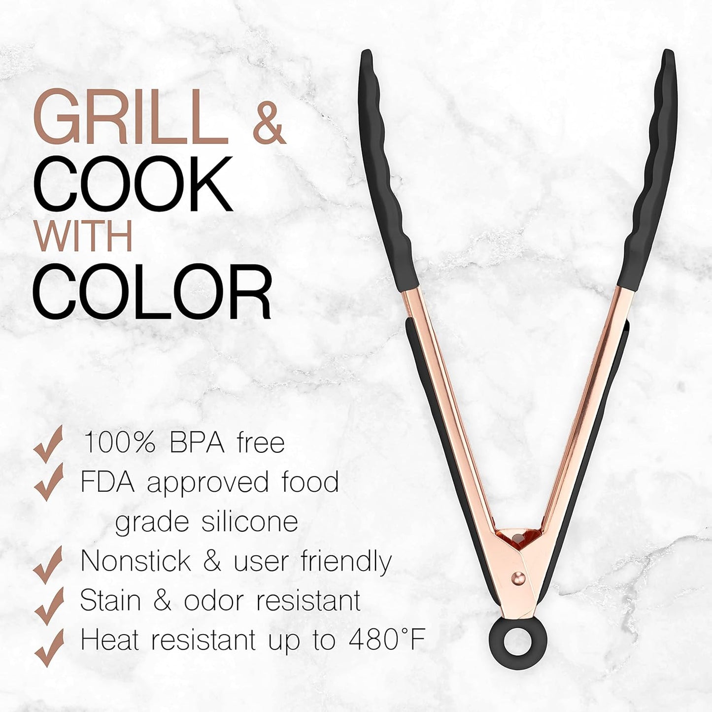 COOK WITH COLOR Stainless Steel Silicone Tipped Kitchen & BBQ Tongs Set, 2 Pc Tongs, Black