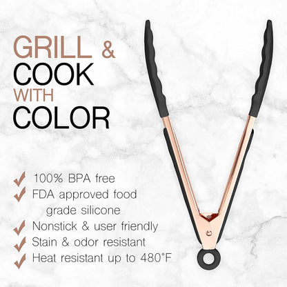 COOK WITH COLOR Stainless Steel Silicone Tipped Kitchen & BBQ Tongs Set, 2 Pc Tongs, Black