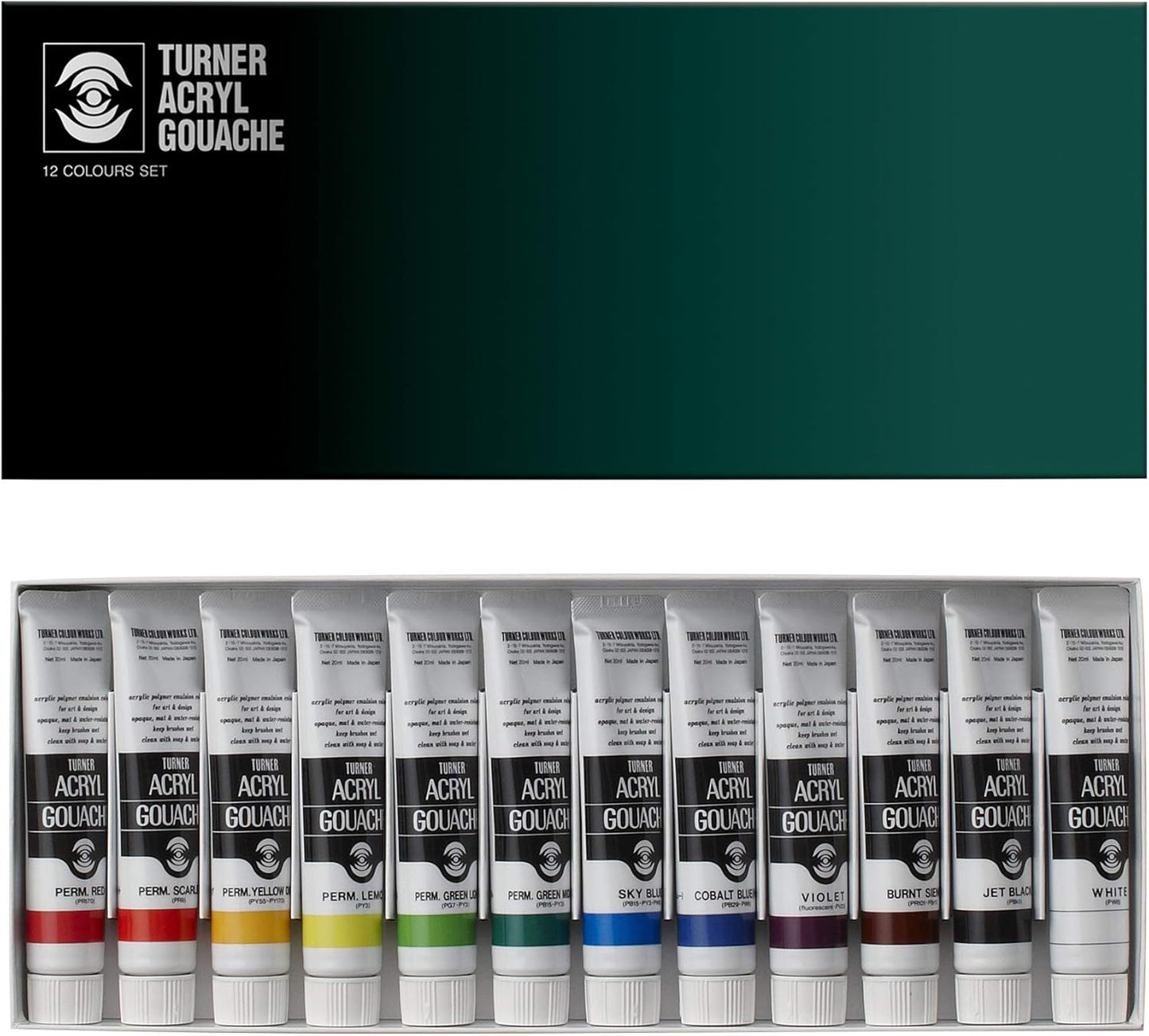 Turner Acrylic Paint Set Artist Acryl Gouache - Super Concentrated Vibrant Acrylics, Fast Drying, Velvety Matte Finish - [Set of 12 | 20 ml Tubes]