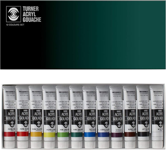 Turner Acrylic Paint Set Artist Acryl Gouache - Super Concentrated Vibrant Acrylics, Fast Drying, Velvety Matte Finish - [Set of 12 | 20 ml Tubes]
