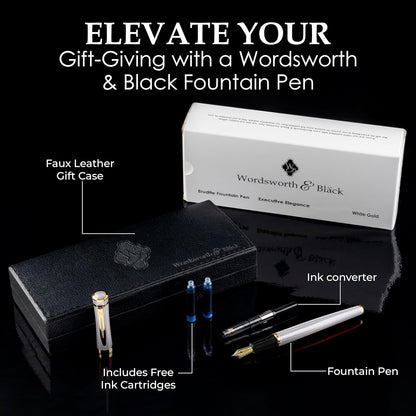 Wordsworth Fountain Pen Set, Medium Nib, Includes 6 Ink Cartridges and Ink Refill Converter, Gift Case, Journaling, Calligraphy, Smooth Writing Pens [White Gold], Perfect for Men and Women
