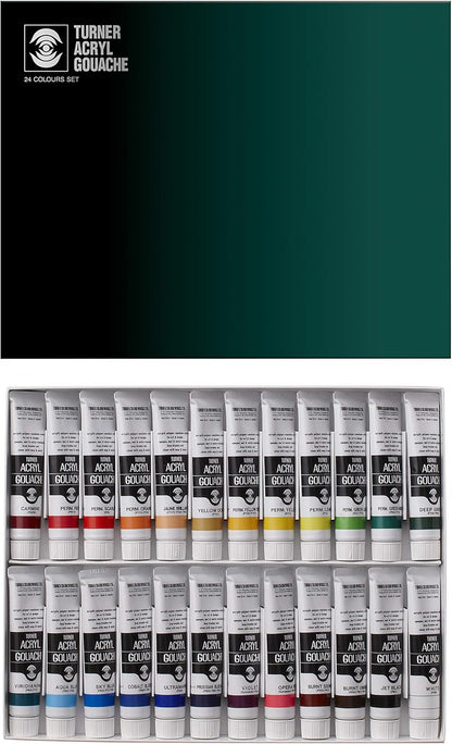 Turner Acrylic Paint Set Artist Acryl Gouache - Super Concentrated Vibrant Acrylics, Fast Drying, Velvety Matte Finish - [Set of 24 | 20 ml Tubes]