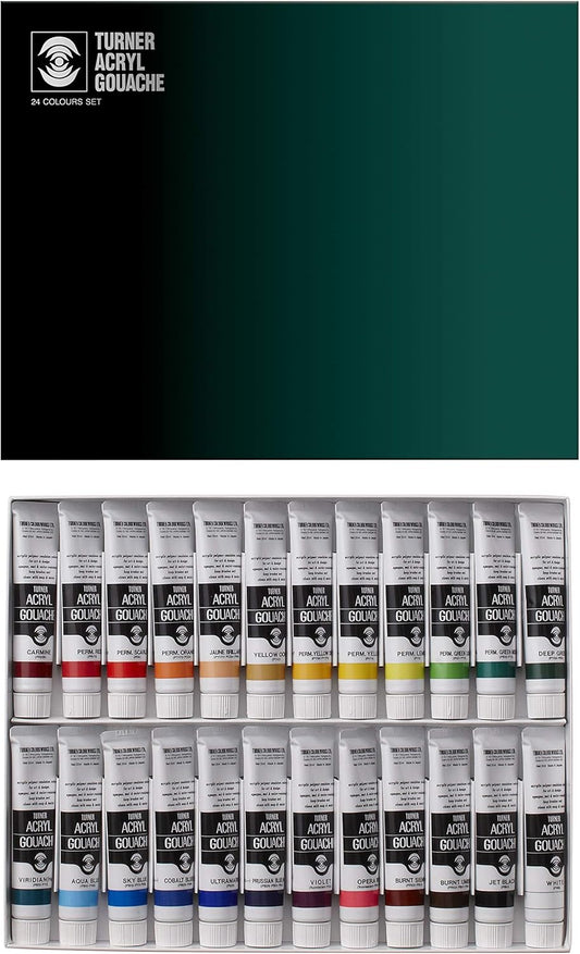 Turner Acrylic Paint Set Artist Acryl Gouache - Super Concentrated Vibrant Acrylics, Fast Drying, Velvety Matte Finish - [Set of 24 | 20 ml Tubes]