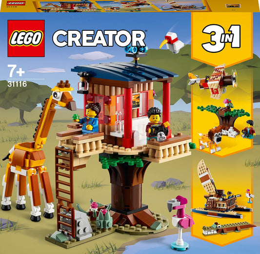 LEGO 31116 Creator 3-in-1 Safari Tree Cabin Construction Toy with Boat, Airplane and Savannah Animals Figurines, Minifigures