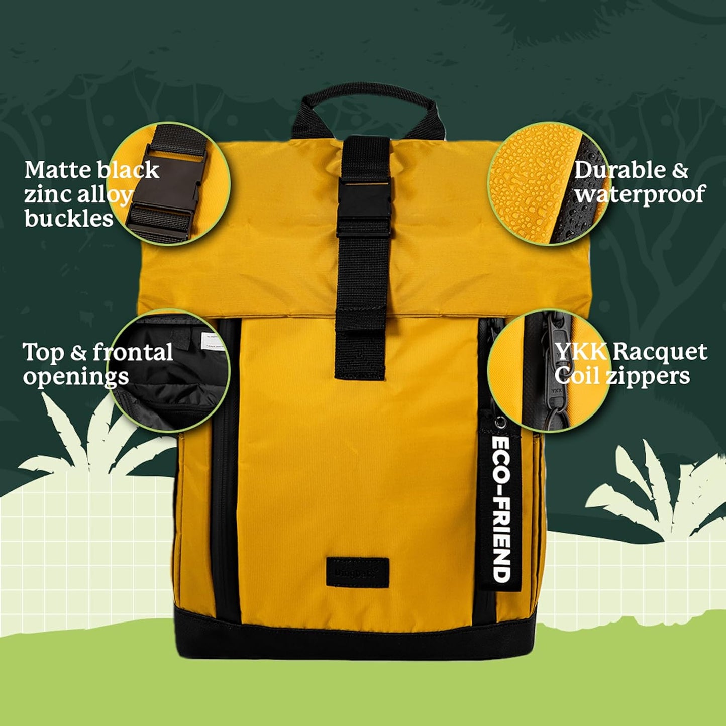 Dingbats 25L Backpack, Made of Recycled PET Bottles, Padded Straps, 15" Laptop Backpack, Vegan Leather Bottom, Desert Mustard