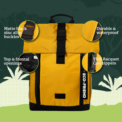 Dingbats 25L Backpack, Made of Recycled PET Bottles, Padded Straps, 15" Laptop Backpack, Vegan Leather Bottom, Desert Mustard