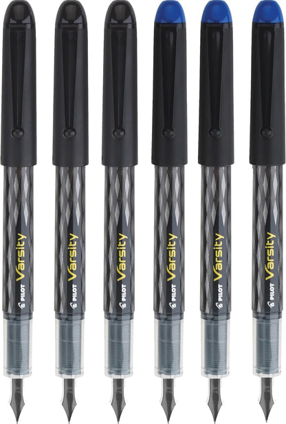 PILOT Varsity Disposable Fountain 6 Pack Combo, 3 Black and 3 Blue Pens