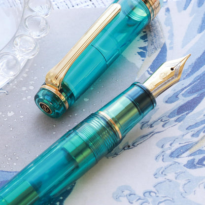 WANCHER Limited Fountain Pen, SAILOR Original Professional Gear, Transparent, Aqua Blue, 21K Gold Fountain Pen [Special Product of WancherxSailor] (MF, Medium Point)