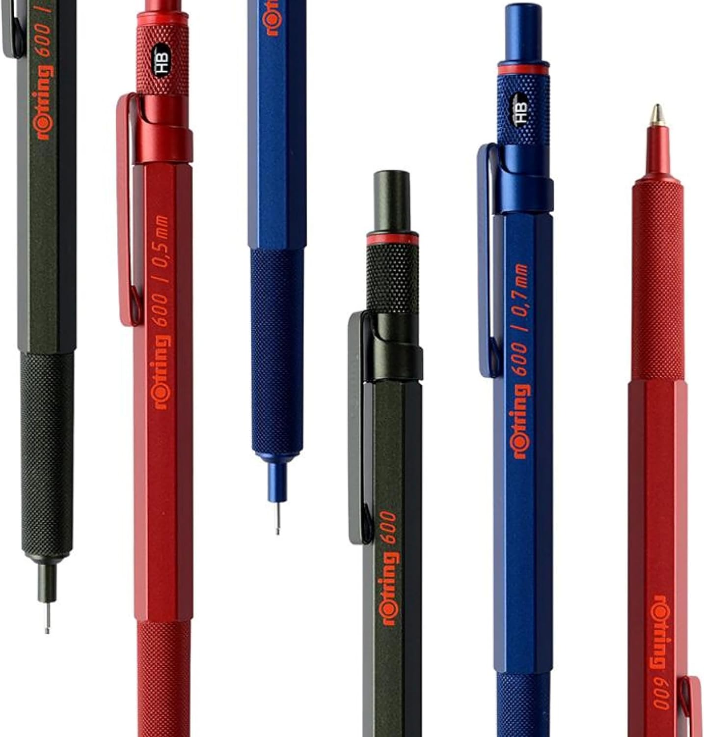 Set of mechanical pencils in red, blue, and black on a white background