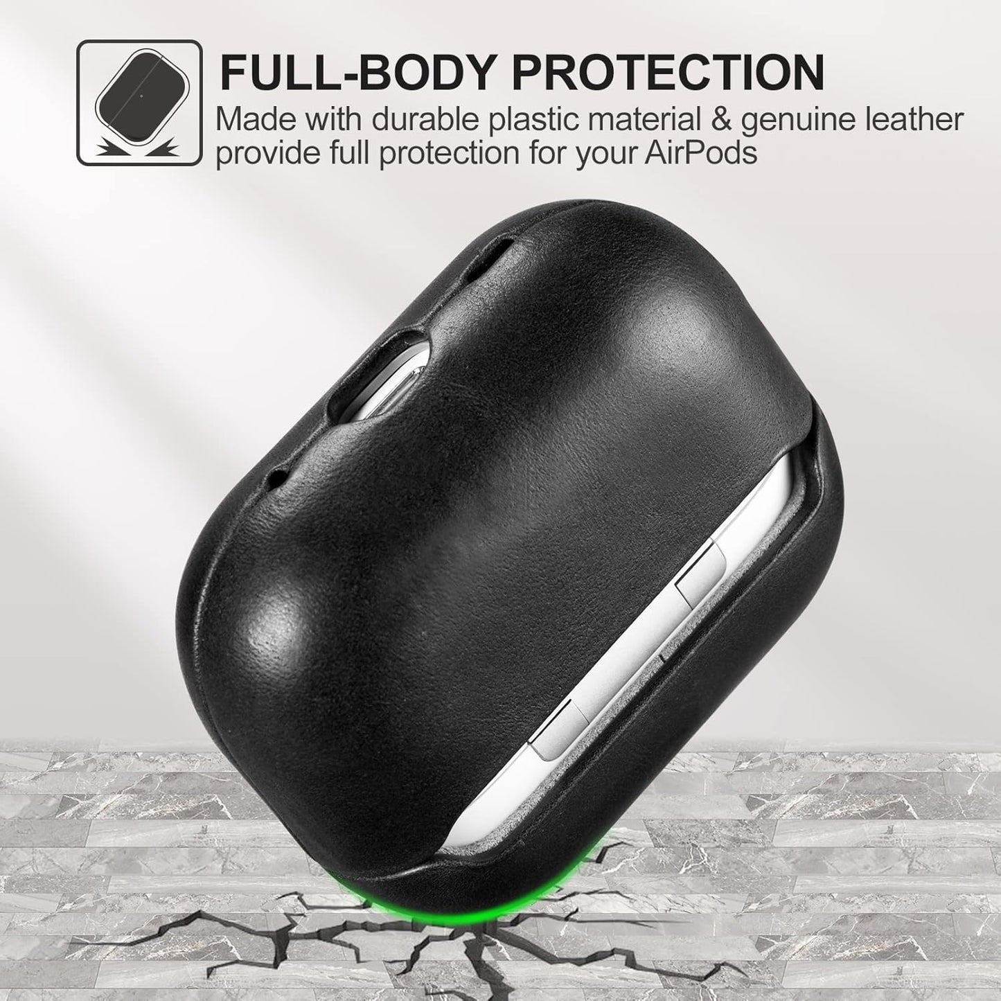 ICARERFAMILY Leather Case for AirPods Pro 2 (2022), Genuine Leather Shockproof Protective Cover for AirPods Pro 2 Earphones Charging Case (LED Visible) Support Wireless Charger Black