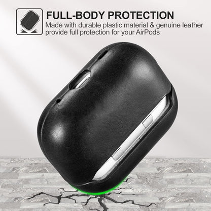 ICARERFAMILY Leather Case for AirPods Pro 2 (2022), Genuine Leather Shockproof Protective Cover for AirPods Pro 2 Earphones Charging Case (LED Visible) Support Wireless Charger Black