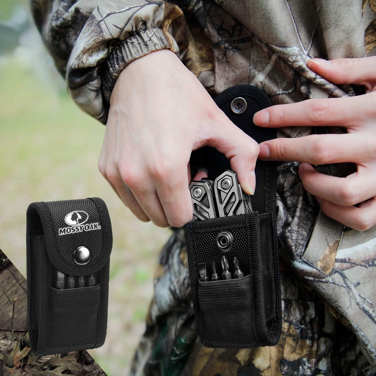 Person in camouflage holding a tool pouch with a multi-tool, set against a natural background.
