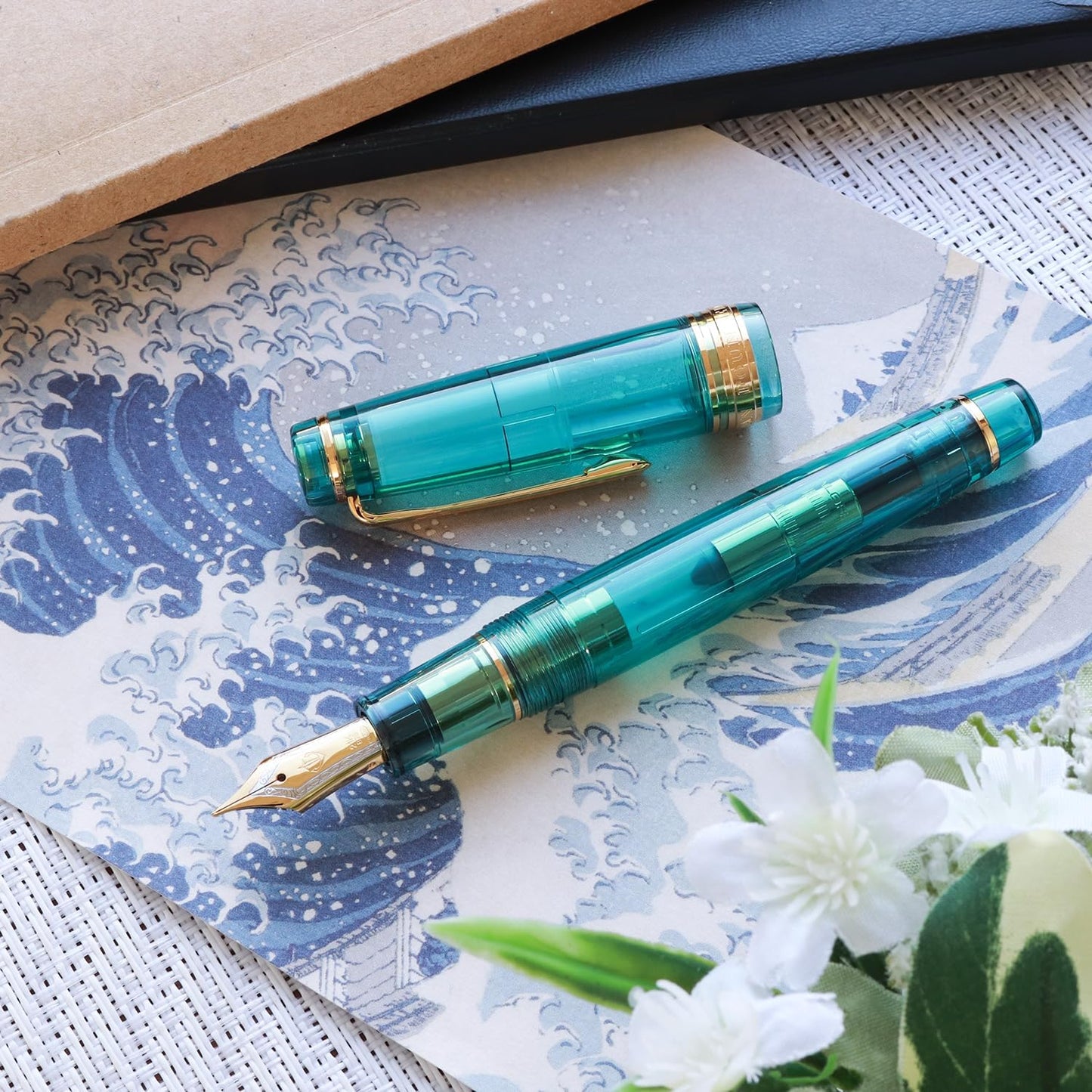 WANCHER Limited Fountain Pen, SAILOR Original Professional Gear, Transparent, Aqua Blue, 21K Gold Fountain Pen [Special Product of WancherxSailor] (MF, Medium Point)