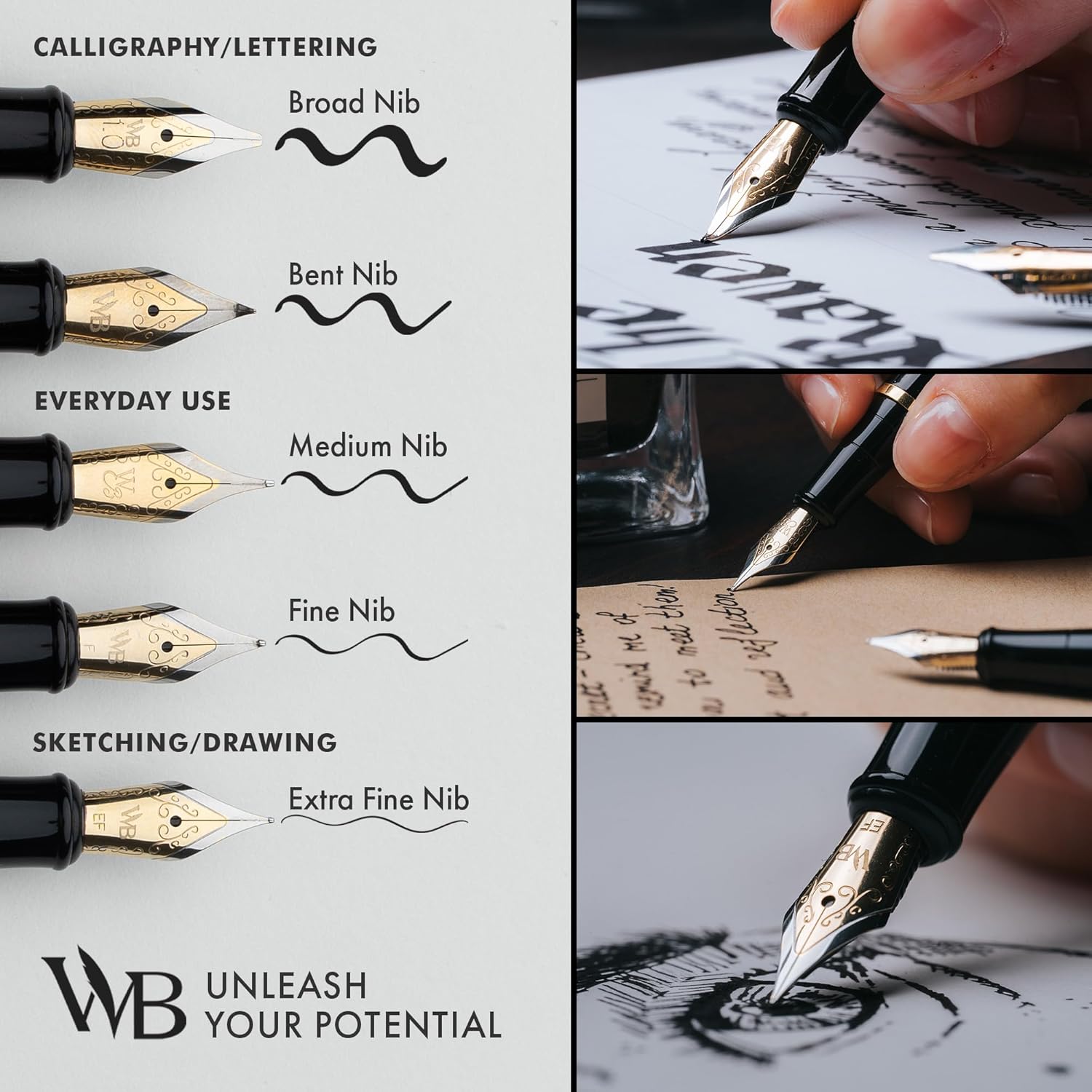 Wordsworth & Black Fountain Pen Set, Medium Nib, Includes 24 Ink Cartridges and Ink Refill Converter, Gift Case, Journaling, Calligraphy, Smooth Writing Pens [Black Gold], Perfect for Men and Women side view