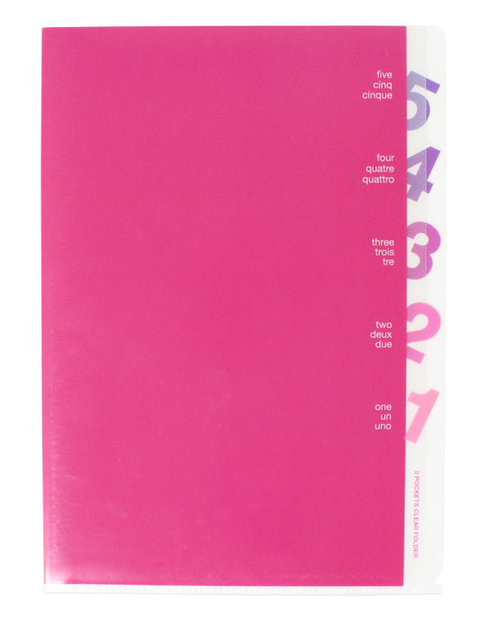 Midori 35101006 Clear File 5 Pocket Clear Holder, A4, Die Cut, Number Pattern, Pink