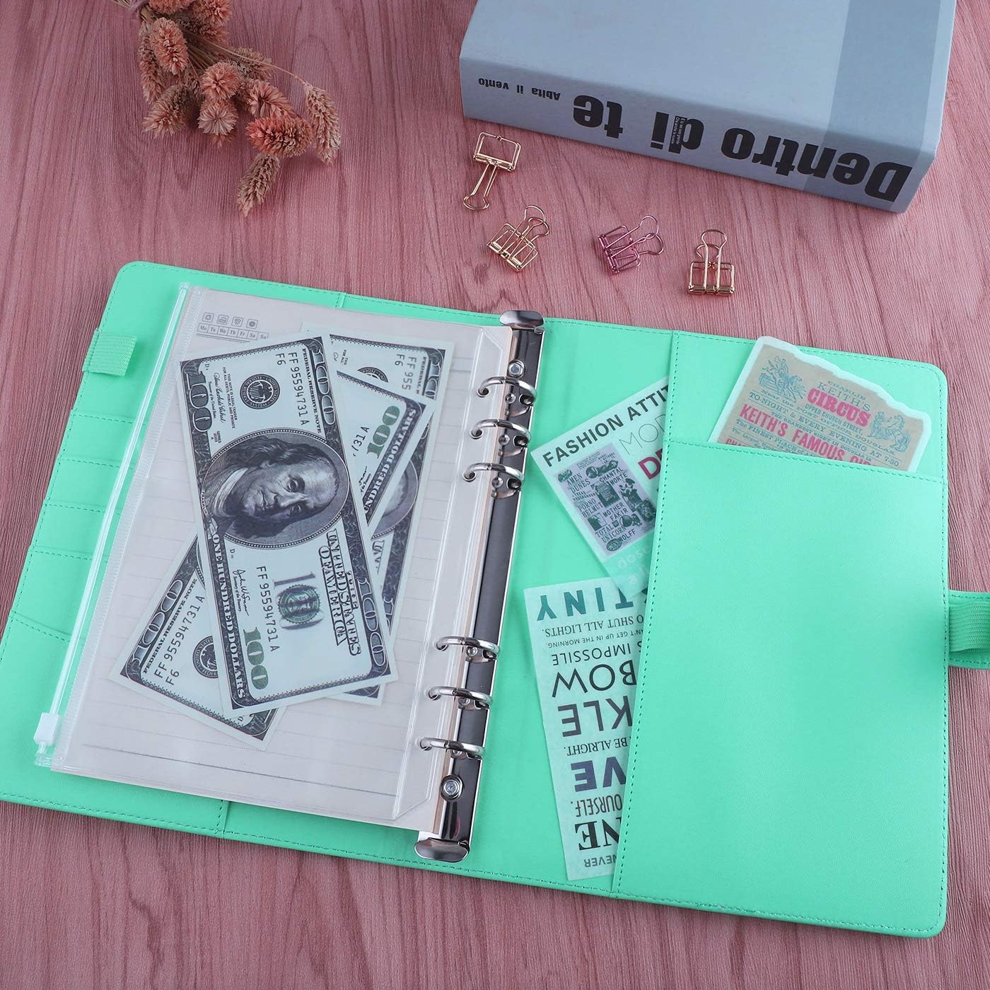 Antner A5 Notebook Binder 6 Ring Refillable Budget Planner Cover for Cash Organizer, PU Leather Loose Leaf Photocard Holder Aesthetic Binder with Magnetic Buckle for A5 Planner Inserts, Light Green