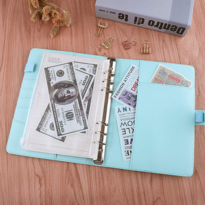 Antner A5 Notebook Binder 6 Ring Refillable Budget Planner Cover for Cash Organizer, PU Leather Loose Leaf Photocard Holder Aesthetic Binder with Magnetic Buckle for A5 Planner Inserts, Mint Blue