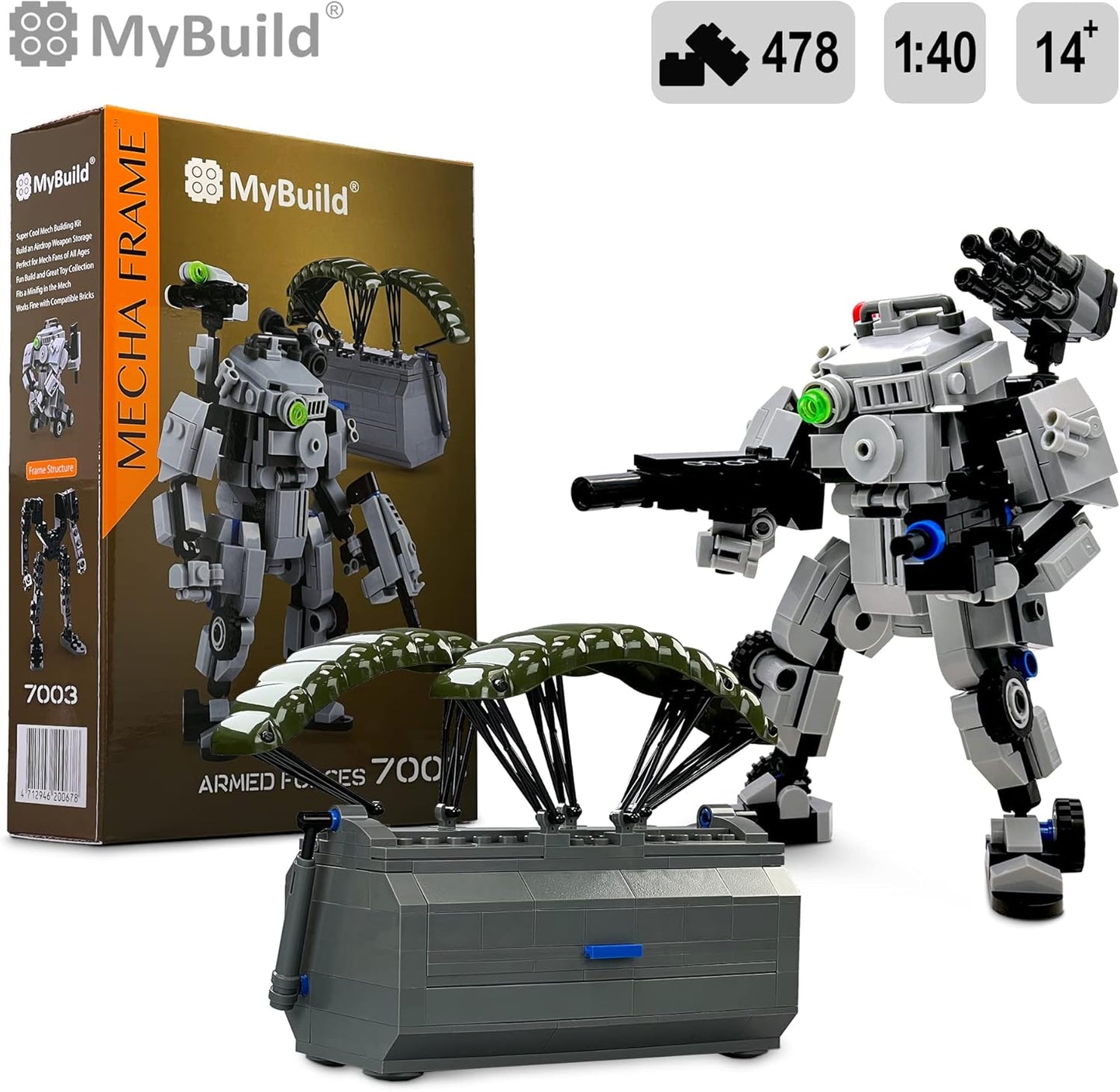 MyBuild Mecha Frame Armed Forces 7003 - Stryker Mech Light Gray with Commander Weapon Box, Military Themed Building Bricks for Mech Fans, Ages 14 and Up