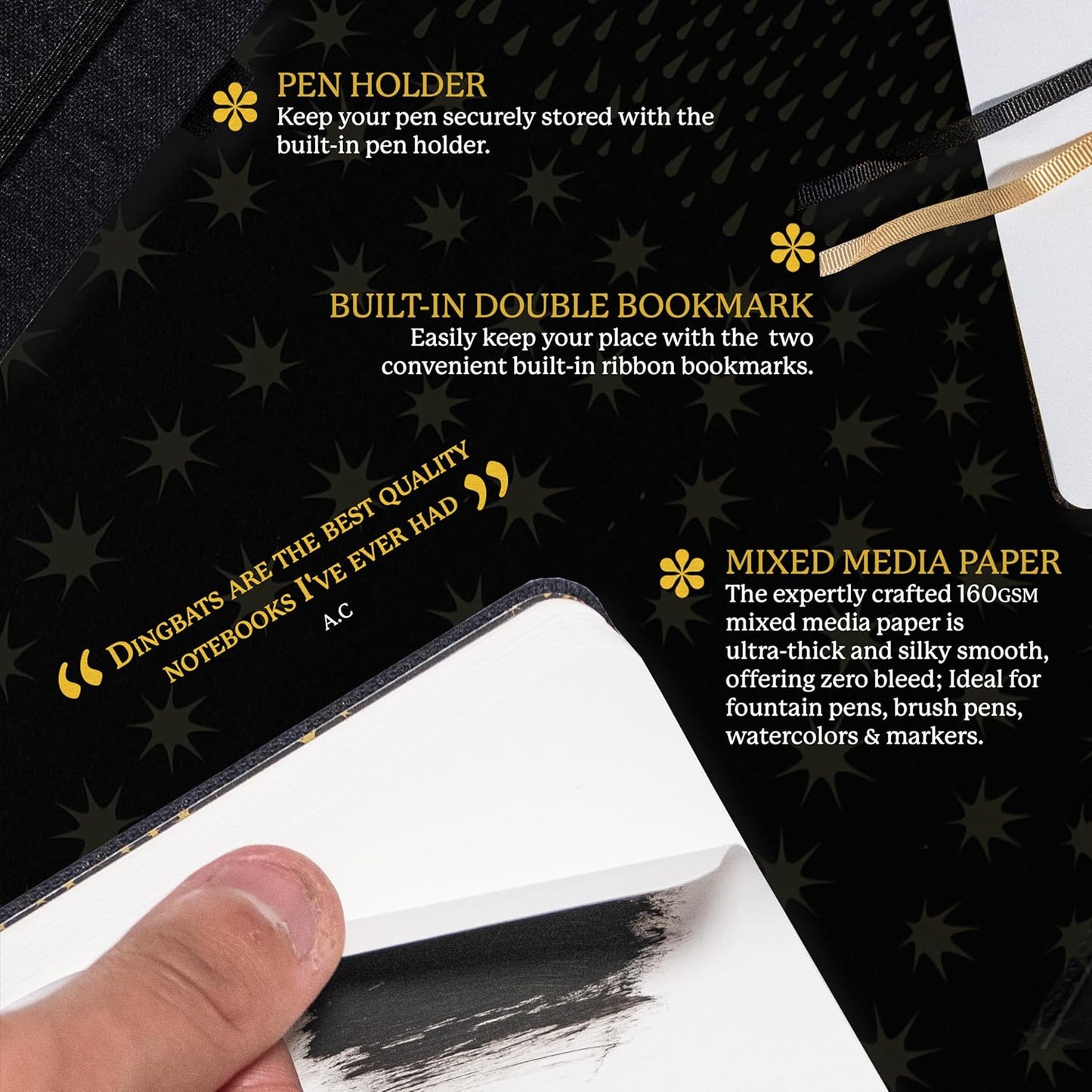 Dingbats* Pro Dotted Large B5 Notebook - Black Textile Cover, Thread-Bound Writing Journal - for Work, Travel - Pocket, Elastic Closure, Bookmark