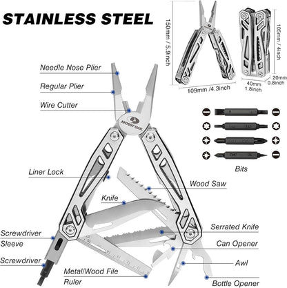 Multitool with labeled components on a white background