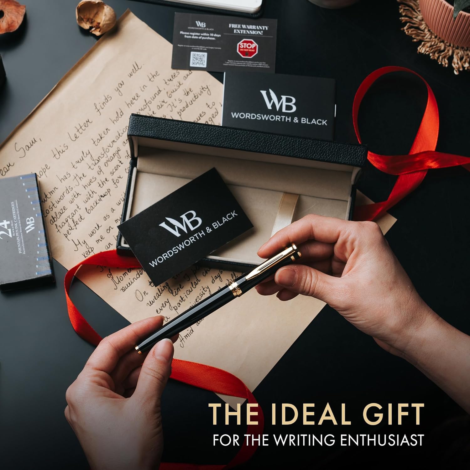 Wordsworth & Black Fountain Pen Set, Medium Nib, Includes 24 Ink Cartridges and Ink Refill Converter, Gift Case, Journaling, Calligraphy, Smooth Writing Pens [Black Gold], Perfect for Men and Women, detail image