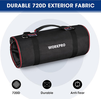 WORKPRO Roll Up Tool Bag With Detachable Pouches, Heavy Duty Organizer With 6 Pockets for Mechanic, Electrician, Plumber and Carpenter