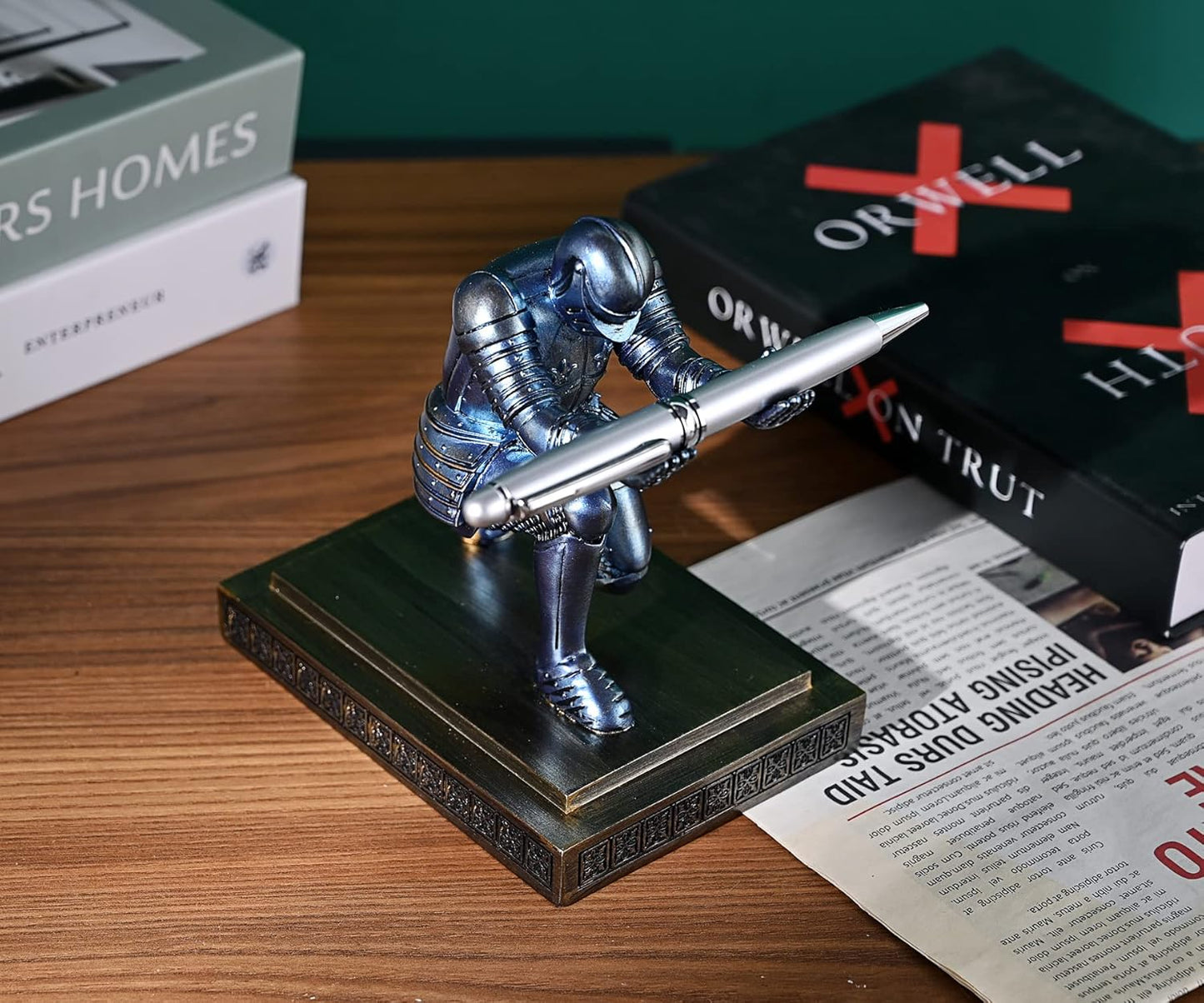 HDMbigmi Knight Pen Holder Pen Stand Desk Organizers and Accessories Resin Pencil Holder as Gift with a Fancy Pen for Office and Home Desk Organizer (Blue)
