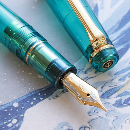 WANCHER Limited Fountain Pen, SAILOR Original Professional Gear, Transparent, Aqua Blue, 21K Gold Fountain Pen [Special Product of WancherxSailor] (MF, Medium Point)