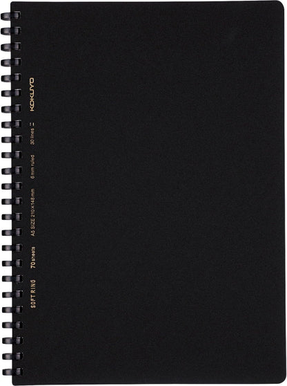 KOKUYO Spiral Lined Notebook, 8.3'' x 5.8'' Business Journal A5 Soft Ring Notebooks with A 6mm Ruled, 70 Perforated Sheets, Black 1 Subject Notebook, Note Taking for Work. Japan Import (SU-SV437B-D)
