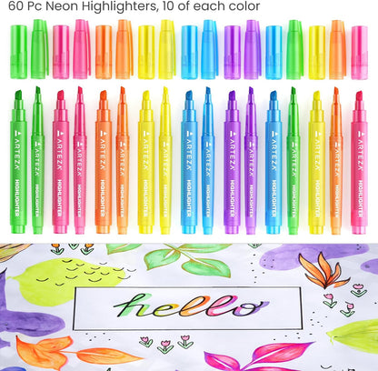ARTEZA Highlighters ??? Bulk Set of 60 Neon Colors with Broad and Narrow Chisel Tips, Non-Toxic Quick-Dry Markers for School, Office, Journaling & Notes