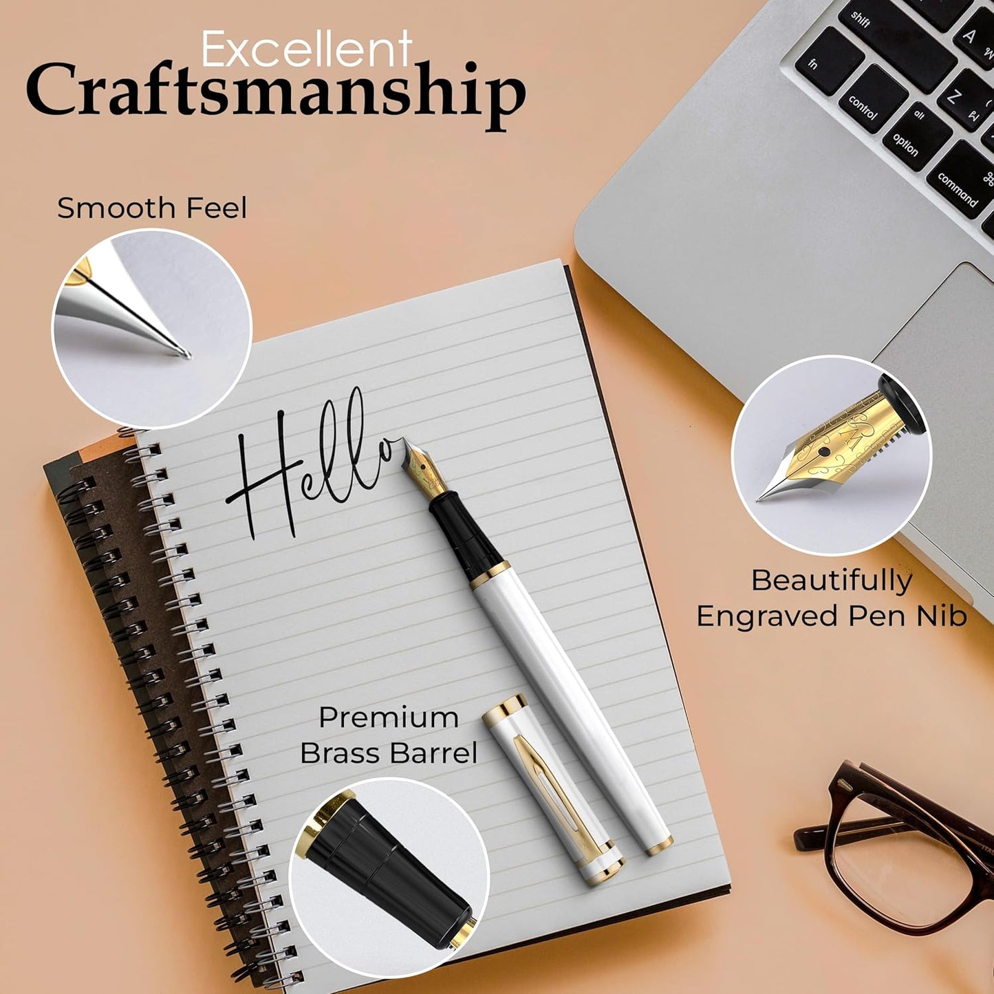 Wordsworth Fountain Pen Set, Medium Nib, Includes 6 Ink Cartridges and Ink Refill Converter, Gift Case, Journaling, Calligraphy, Smooth Writing Pens [White Gold], Perfect for Men and Women