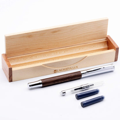 LACHIEVA Luxury Walnut Fountain Pen, Nice Pen with German-made Fine Nib, Converter, Cartridges. Nice Wood Pen Set for Men & Women. Best and Professional, Executive, Office Gift (Walnut).