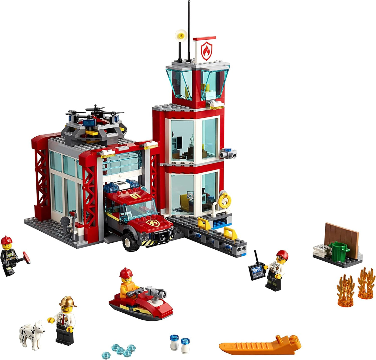 City Fire Station Building Set, Fire Toy Truck Water Scooter & Drone, Firefighter Toys for Kids