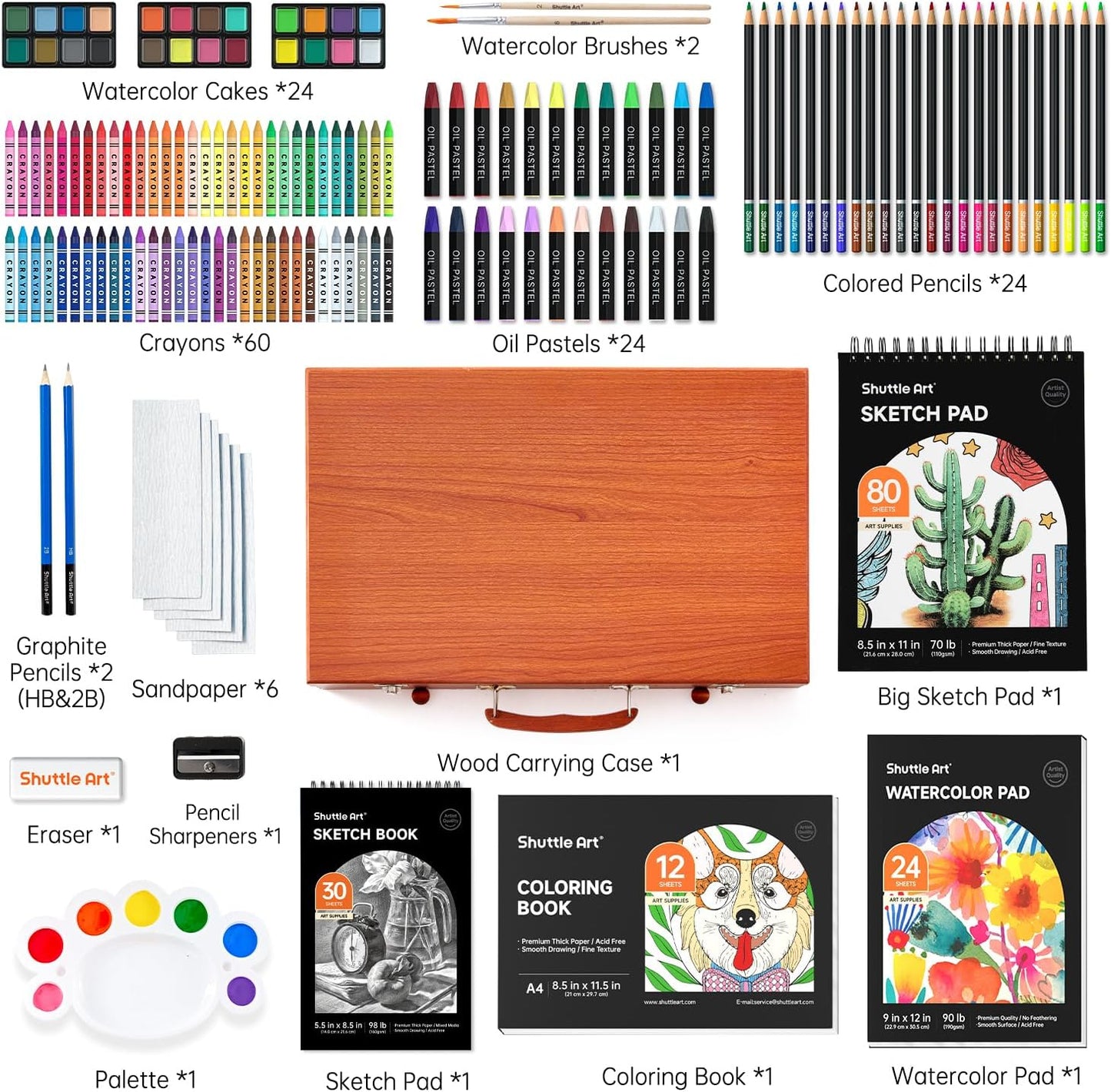 Shuttle Art 186 Piece Deluxe Art Set, Wooden Case, Art Supplies for Kids, Teens & Adults