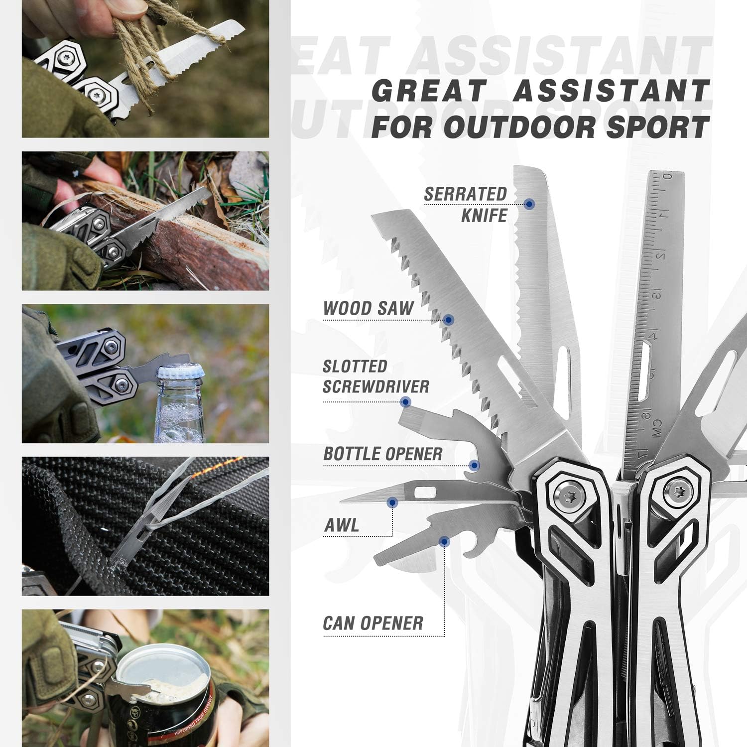 Multitool with various tools labeled, used in outdoor settings