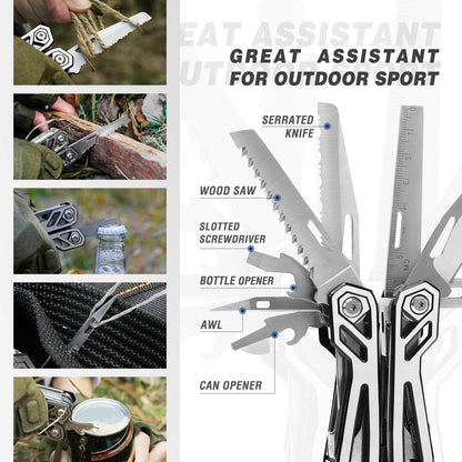 Multitool with various tools labeled, used in outdoor settings