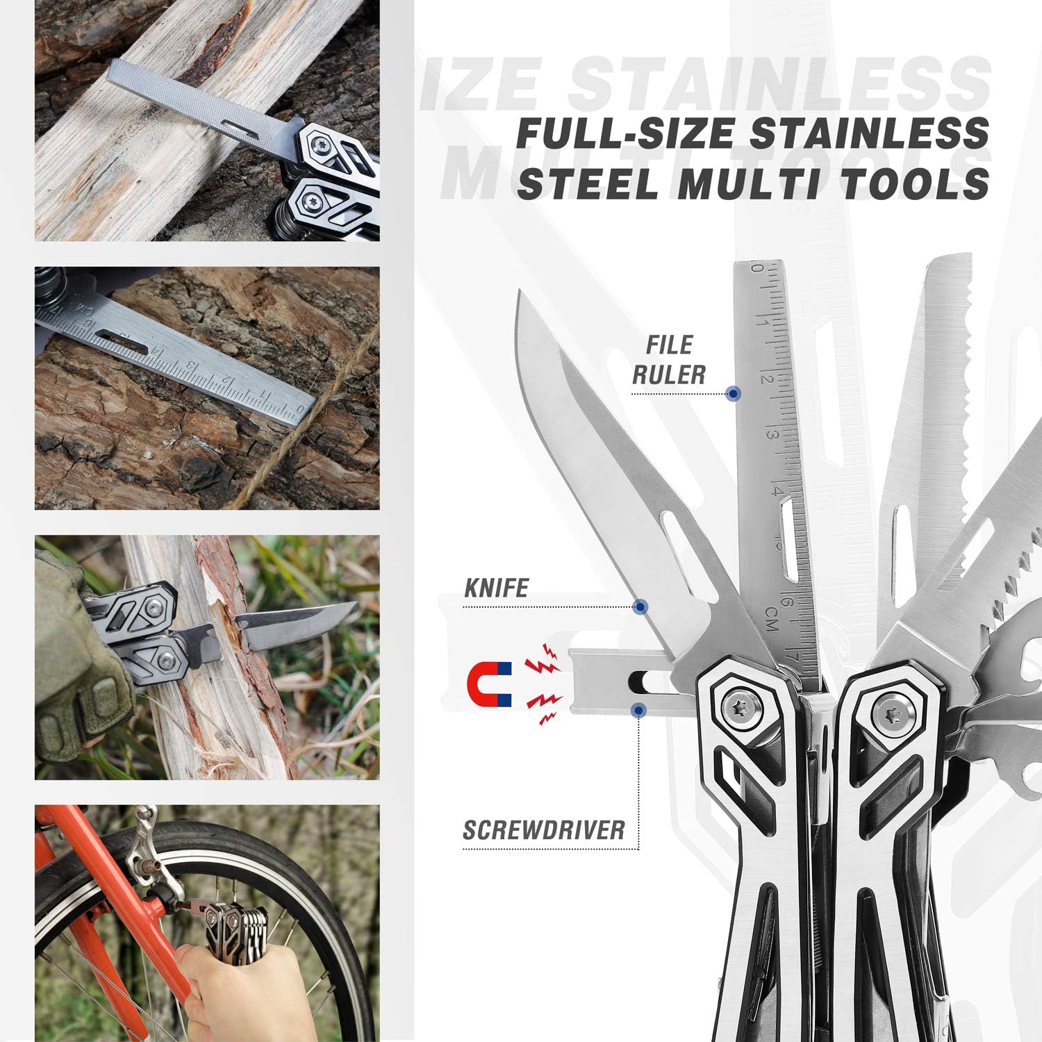 Multi-tool with various tools like knife, file, ruler, and screwdriver on a white background.