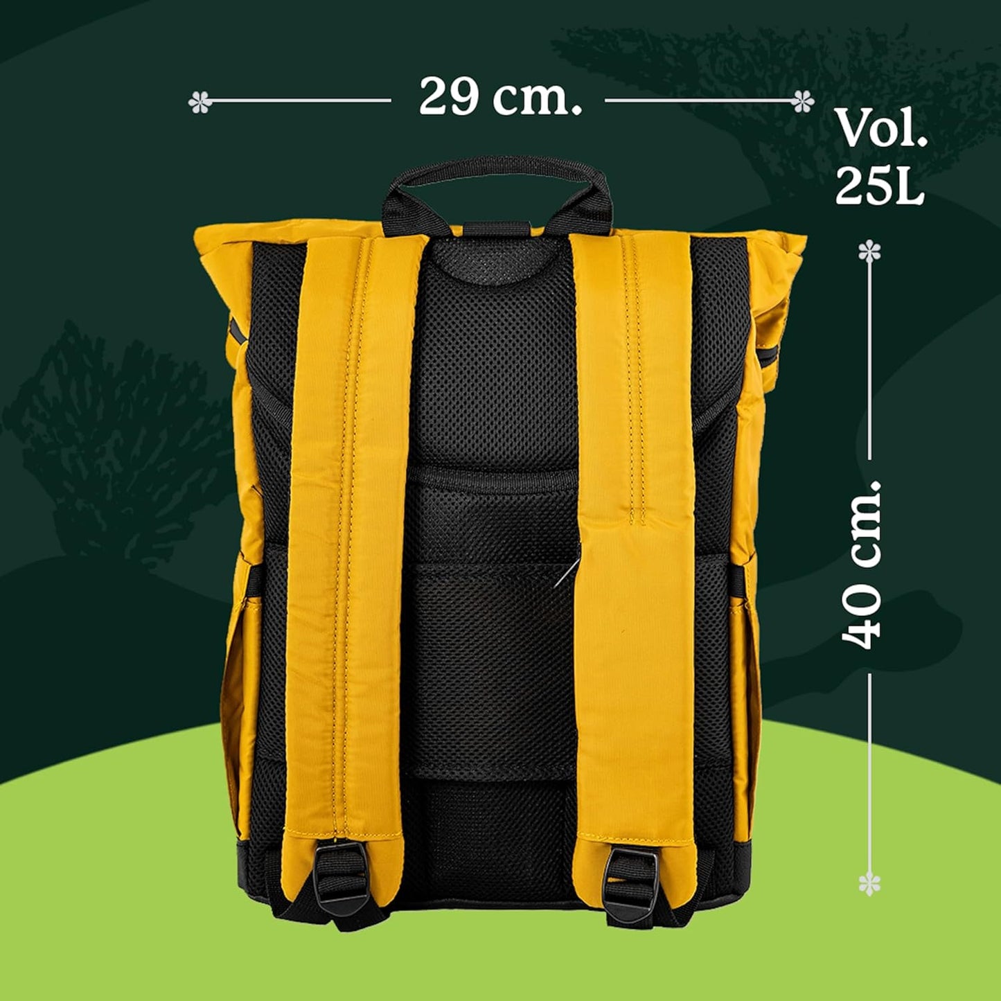 Dingbats 25L Backpack, Made of Recycled PET Bottles, Padded Straps, 15" Laptop Backpack, Vegan Leather Bottom, Desert Mustard
