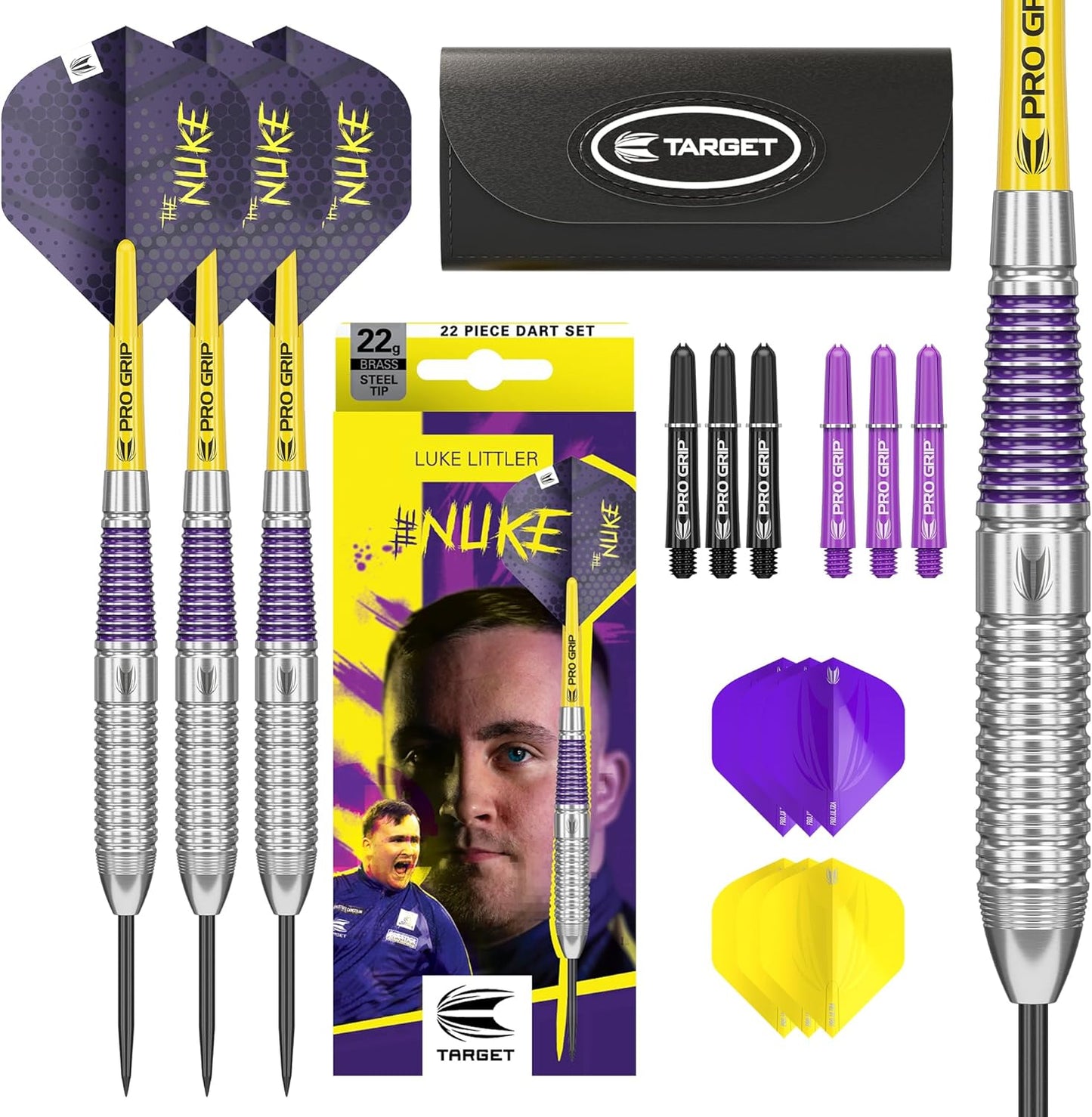 TARGET Darts Luke Littler Brass Steel Tip Darts Set ??? 22G Steel Tip Dart, The Nuke Player Edition Dart Set, Dart Flights, Shafts & Dart Case Included | Professional Dart Accessories
