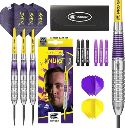 TARGET Darts Luke Littler Brass Steel Tip Darts Set ??? 22G Steel Tip Dart, The Nuke Player Edition Dart Set, Dart Flights, Shafts & Dart Case Included | Professional Dart Accessories
