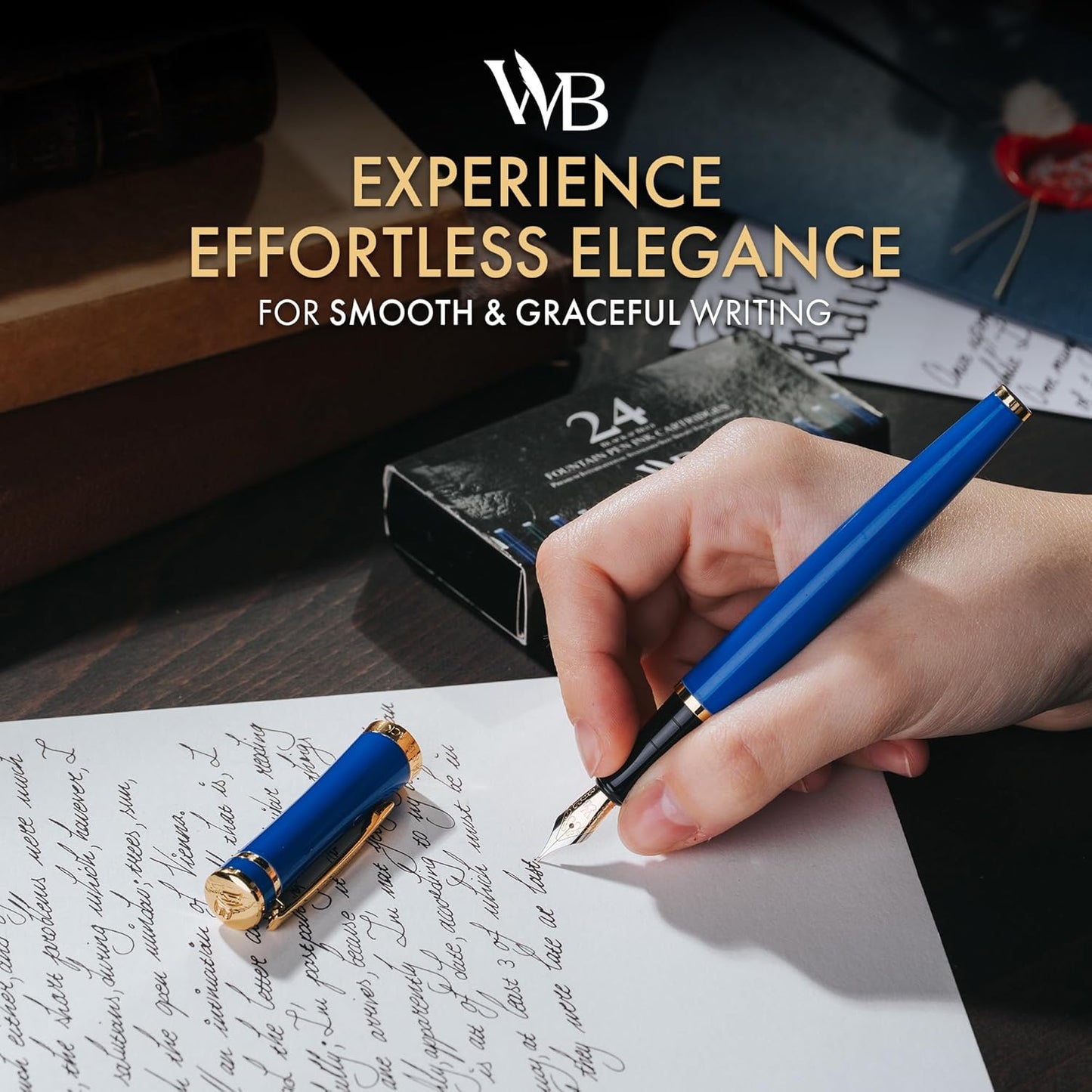 Wordsworth & Black Fountain Pen Set, 18K Gilded Medium Nib, Includes 24 Pack Ink Cartridges, Ink Refill Converter & Gift Box, Gold Finish, Calligraphy, [Imperial Blue], Perfect for Men & Women, alternate view
