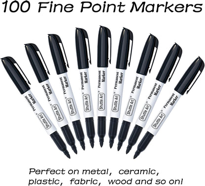 Shuttle Art Permanent Markers, 100 Pack Black Permanent Marker set,Fine Point, Works on Plastic,Wood,Stone,Metal and Glass for Doodling, Marking