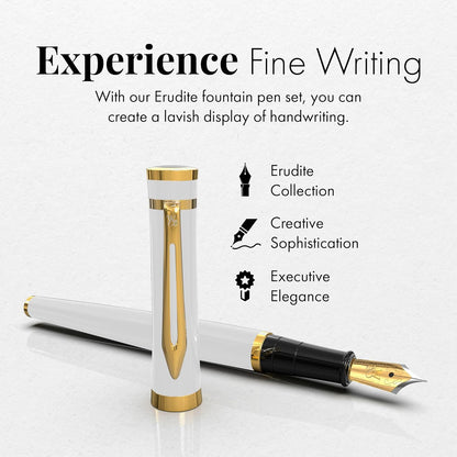 Wordsworth Fountain Pen Set, Medium Nib, Includes 6 Ink Cartridges and Ink Refill Converter, Gift Case, Journaling, Calligraphy, Smooth Writing Pens [White Gold], Perfect for Men and Women