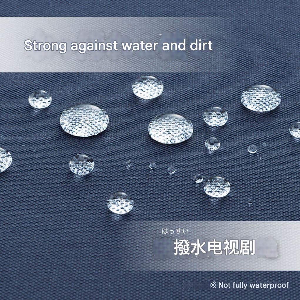 Water droplets on a textured surface with text indicating water and dirt resistance.