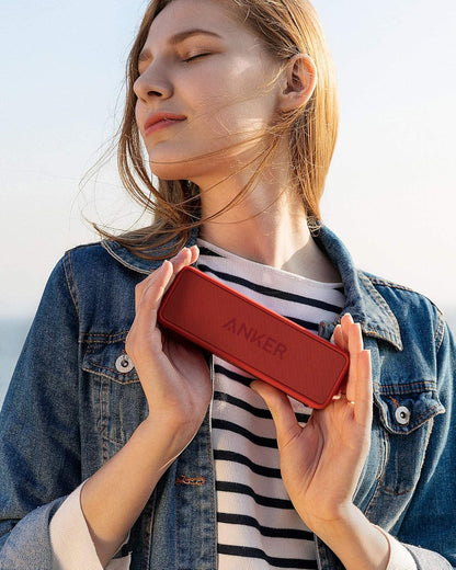 Anker SoundCore 2 Portable Bluetooth Speaker, Wireless, Enhanced Bass, 24-Hour Playtime, 66ft Range, IPX7 Water Resistant, Built-in Mic, Ideal for Travel , Compact and Easy to Use - Red