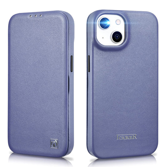 ICARER FAMILY for iPhone 14 Plus Case•?ö 6.7 inch, Genuine Leather Flip Folio Case, Wireless Support with Card Slot [Waterproof Inner Shell] Phone Cover 2022 (Ight Purple)