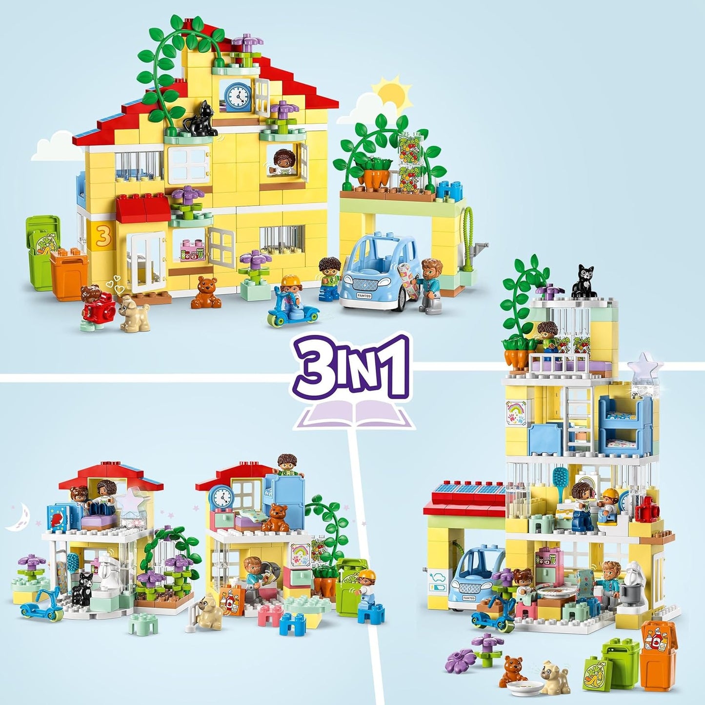 LEGO 10994 DUPLO Town 3in1 Family House Building Set with Dollhouse, Includes Toy Animals, Toy Car and Minifigures, Construction Kit for Toddler with Luminous Light Block, Gift Idea, from 3 Years