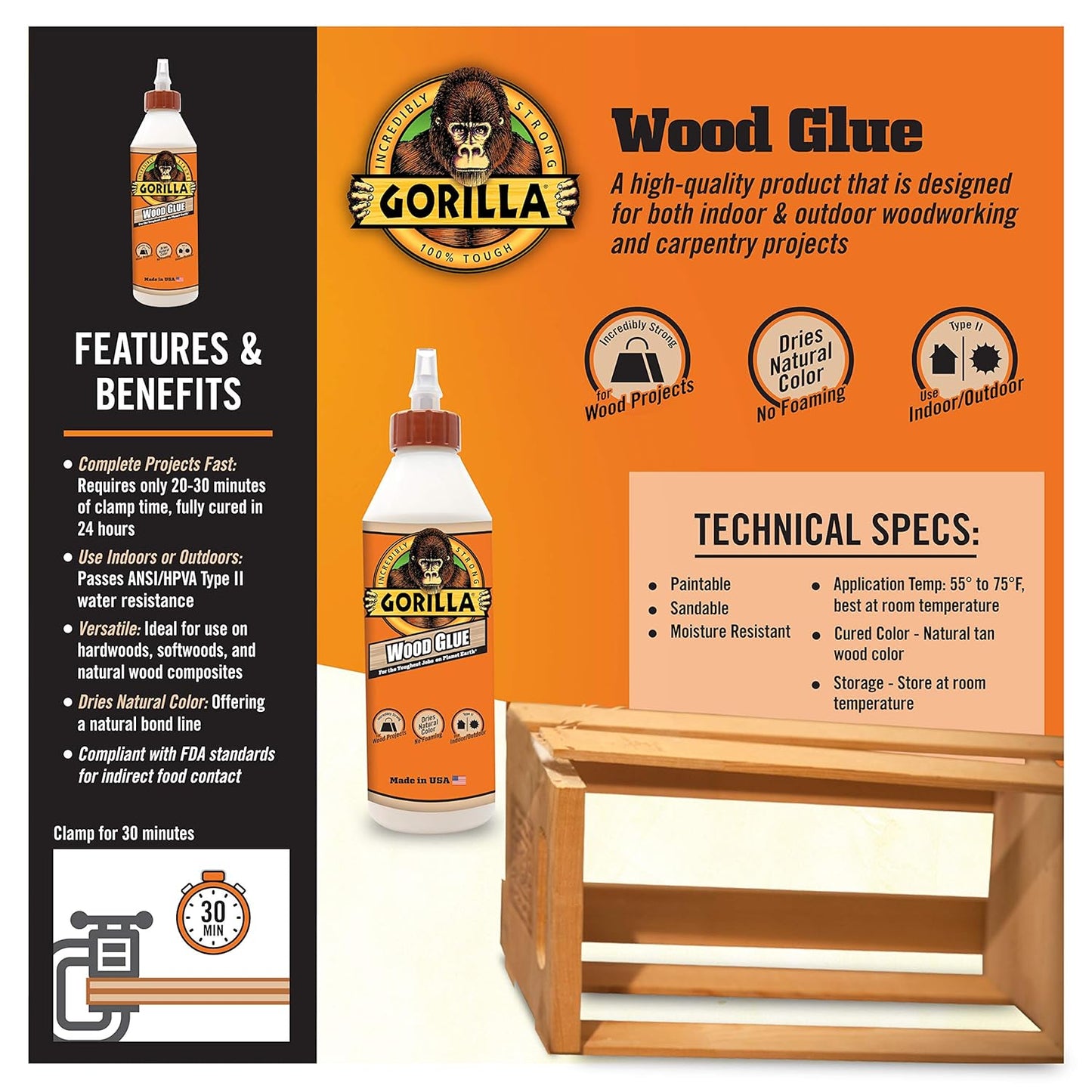 Gorilla Wood Glue, 18 Ounce Bottle, Natural Wood Color, (Pack of 1)