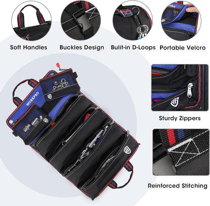 WORKPRO Roll Up Tool Bag With Detachable Pouches, Heavy Duty Organizer With 6 Pockets for Mechanic, Electrician, Plumber and Carpenter